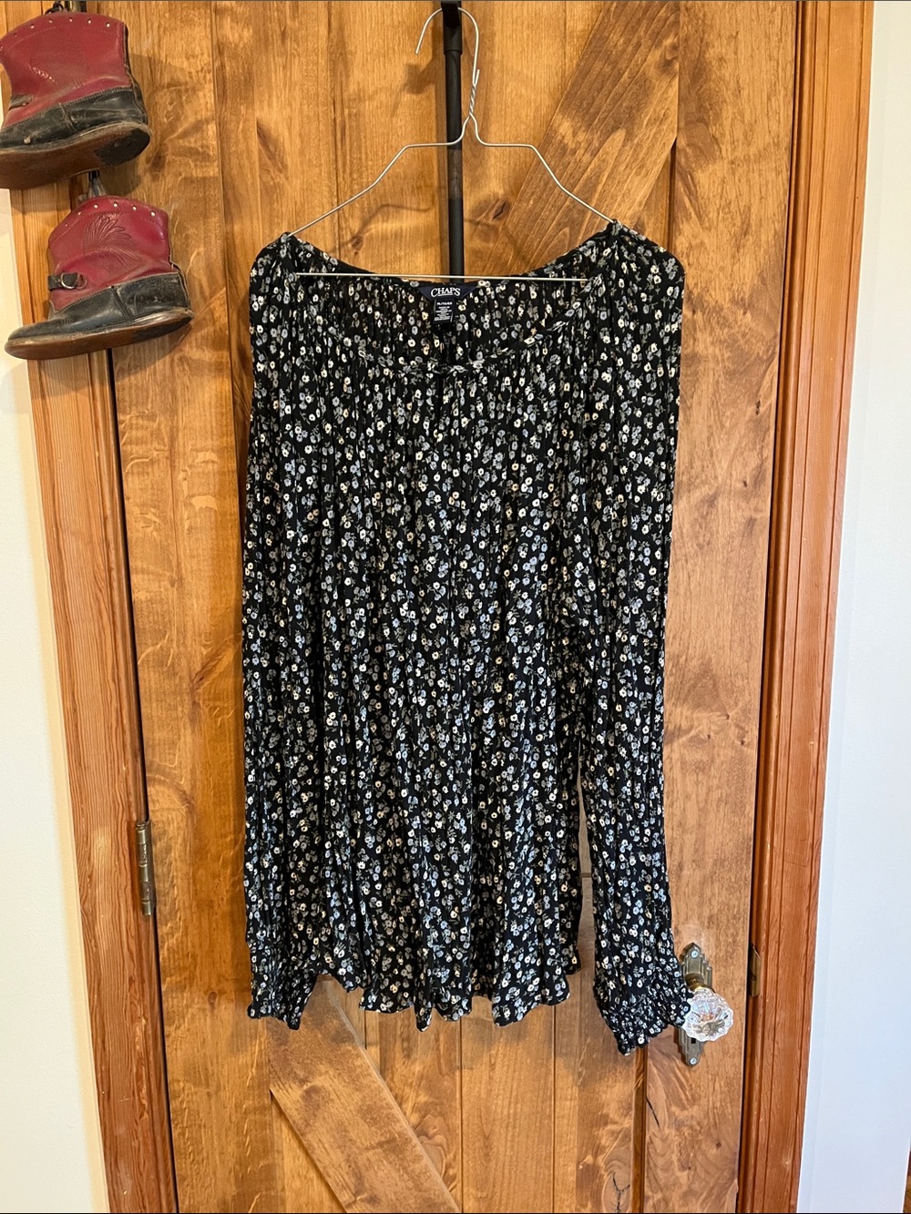 Chaps Black Floral Smocked Long-Sleeve Top